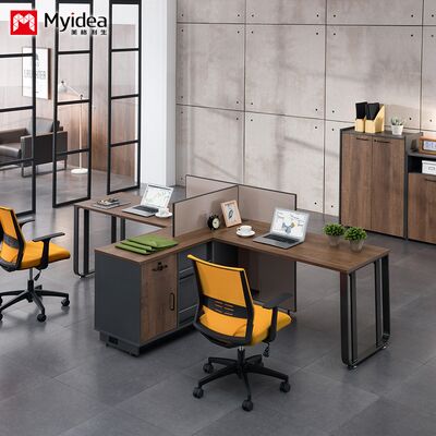 Two person office desk with steel leg storage side cabinet, staff desk made of melamine board material