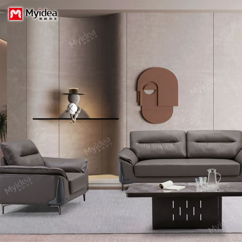 Office Sofa and Coffee Table Set, Modern Business Reception Area, Light Luxury Leather Three-seater Sofa